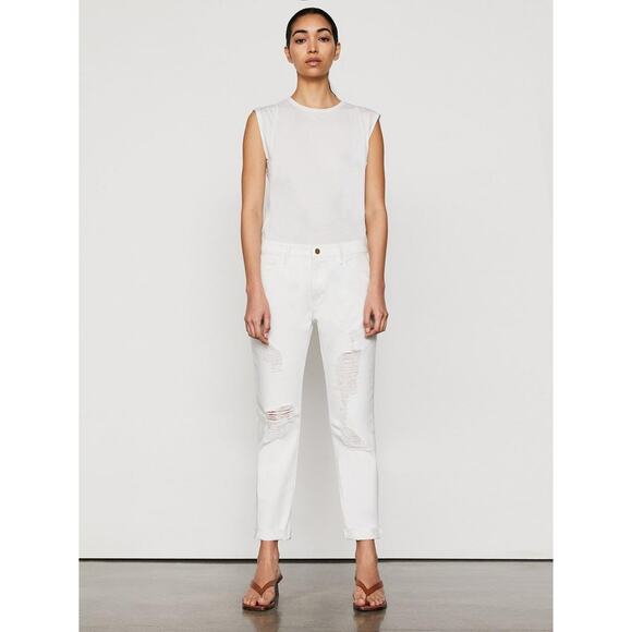 FRAME Le Garçon Straight Leg Ripped Rumpled Blanc Distressed Boyfriend Jeans - Picture 2 of 12